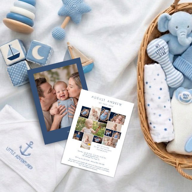 Invitación Clásico Cumpleaños del Bebé Primer Cumpleaños Azul (Modern Minimalist Blue Baby First Birthday Invitation Card Featuring An Elegant Twelve Photo Collage)
