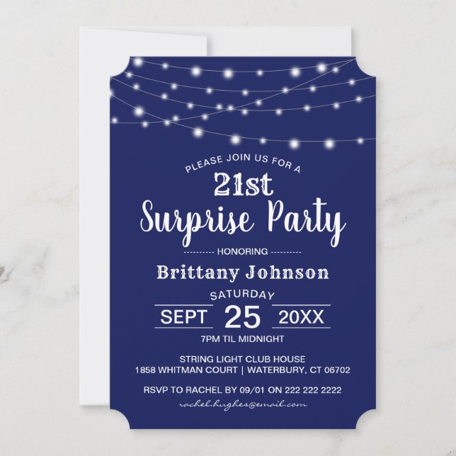 Invitación Clásico Cumpleaños Sorpresa Navy (Anverso)