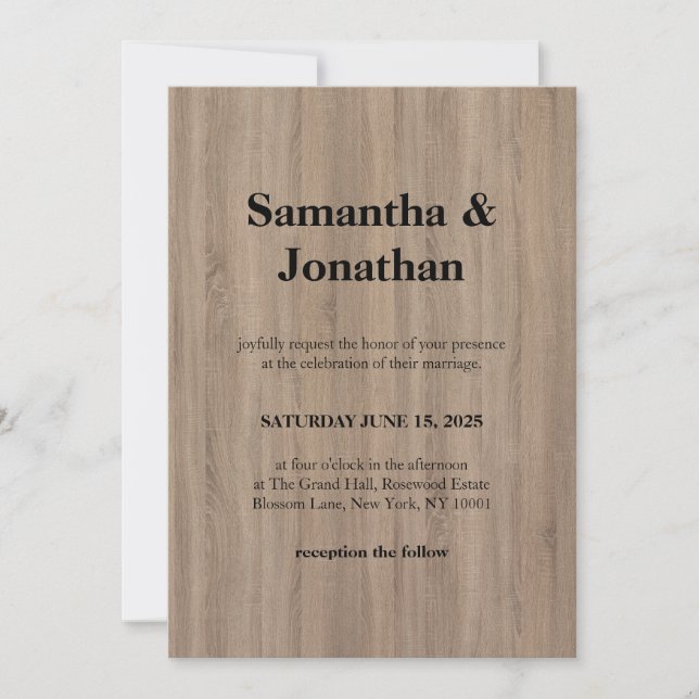 Invitación Clásico de boda básico marrón grano de madera suav (Anverso)