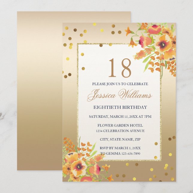 Invitación Clásico de Confetti & Corner Flowers 18º cumpleaño (Anverso / Reverso)