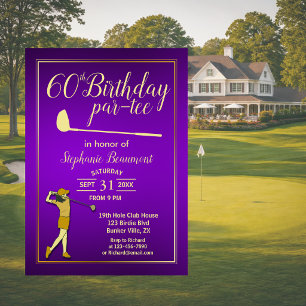 Invitación Clásico de Golf Mujer Cumple 60 Años Dorado Púrpur