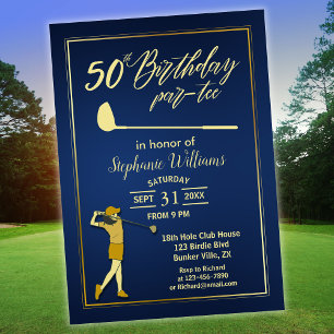 Invitación Clásico de Golf Mujer Dorada Azul 50 cumpleaños