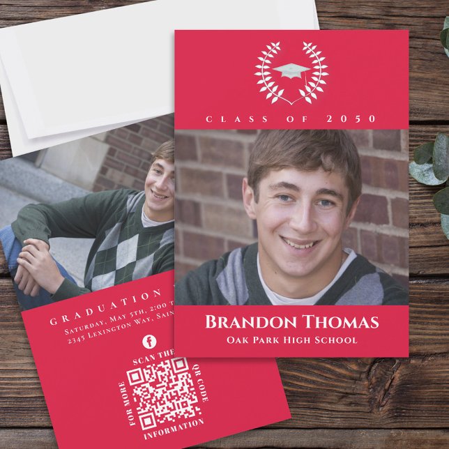 Invitación Clásico de Graduación Foto Crimson Hojas de Laurel (Subido por el creador)