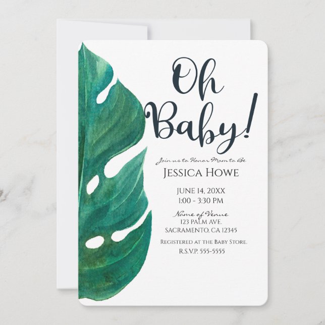 Invitación Clásico de Hoja Tropical Blanca y Verde Oh Baby Sh (Anverso)