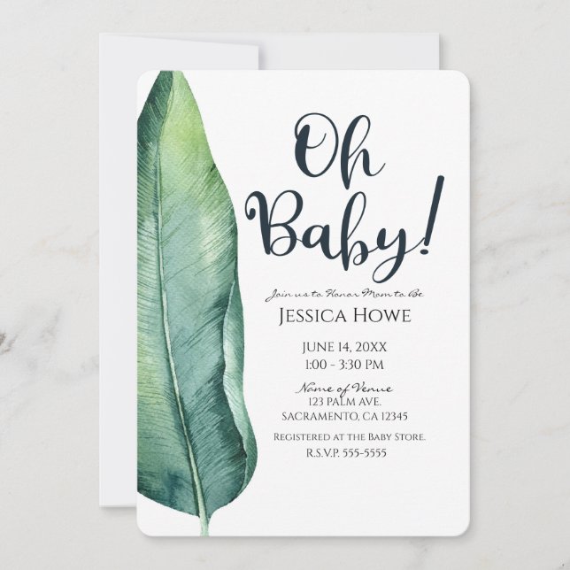 Invitación Clásico de Hoja Tropical Blanca y Verde Oh Baby Sh (Anverso)