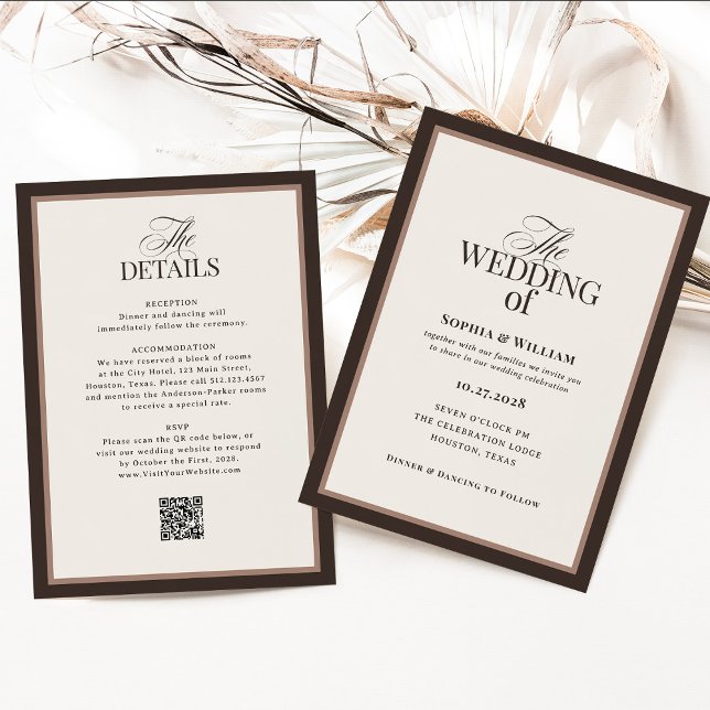 Invitación Clásico de Lujo | Código QR de RSVP de Boda Marrón (Subido por el creador)
