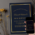 Invitación Clásico de oro azul de cumpleaños simple<br><div class="desc">Fondo azul oscuro,  decoración con un marco de imitación de oro. Personalice y agregue un nombre y detalles del fiesta. El nombre está escrito con un guión elegante de estilo con letras a mano. Fondo azul.</div>