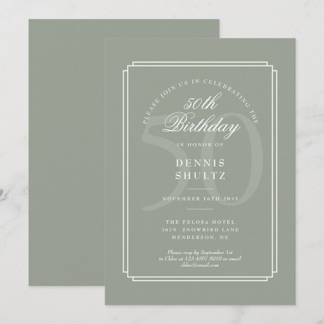 Invitación Clásico Deco | Cumpleaños 50 Sage y Blanco (Anverso / Reverso)