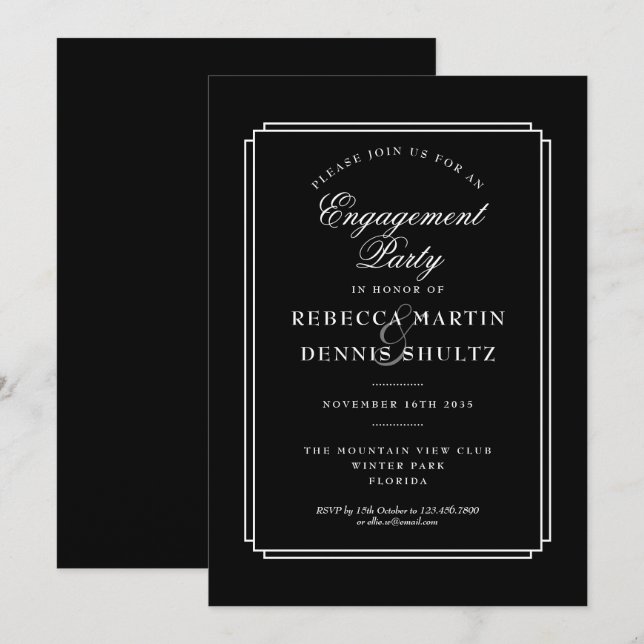 Invitación Clásico Deco | Fiesta de Compromiso en Blanco y Ne (Anverso / Reverso)