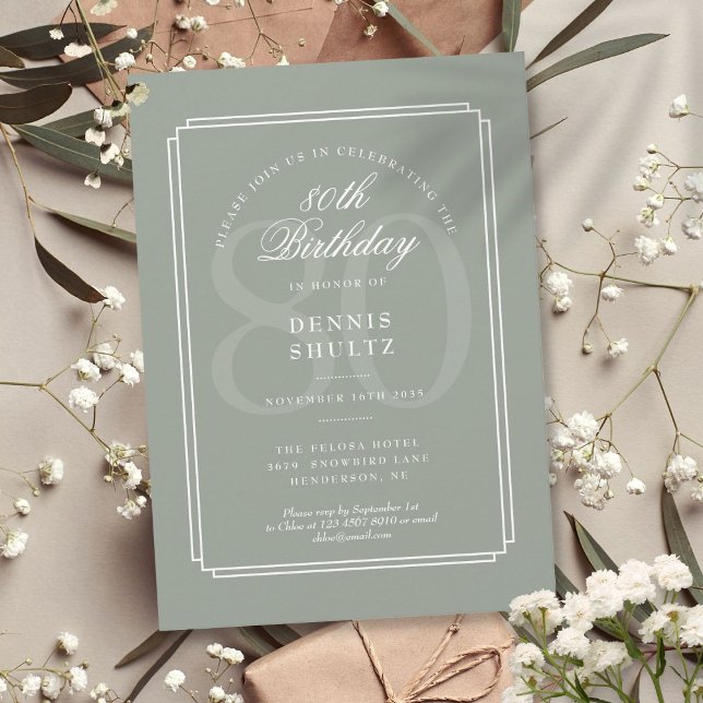 Invitación Clásico Deco Sage y Blanco Cumpleaños 80 (Classic Deco Sage and White 80th Birthday Invitation)
