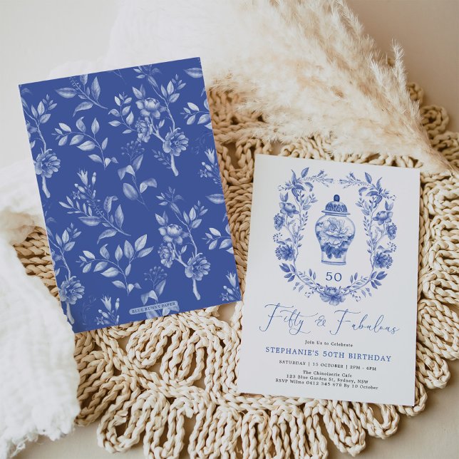 Invitación Clásico Delft Blue Floral Ginger Jar 50 cumpleaños (Subido por el creador)