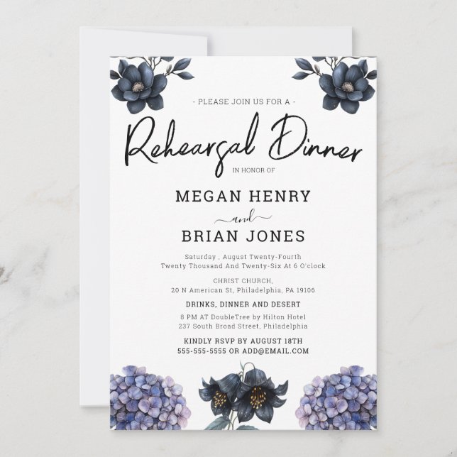 Invitación Clásico Dinner de Ensayo de Boda Black Rose Malhum (Anverso)