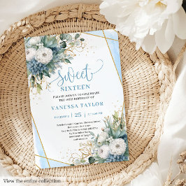 Invitación Clásico Dusty Blue Peonies Sweet 16 Invita