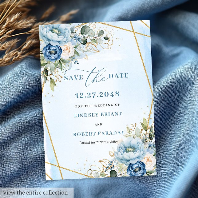 Invitación Clásico Dusty Blue White Gold Peony Ahorra La Fech (Classic Dusty Blue White Gold Peonies Save The Date)