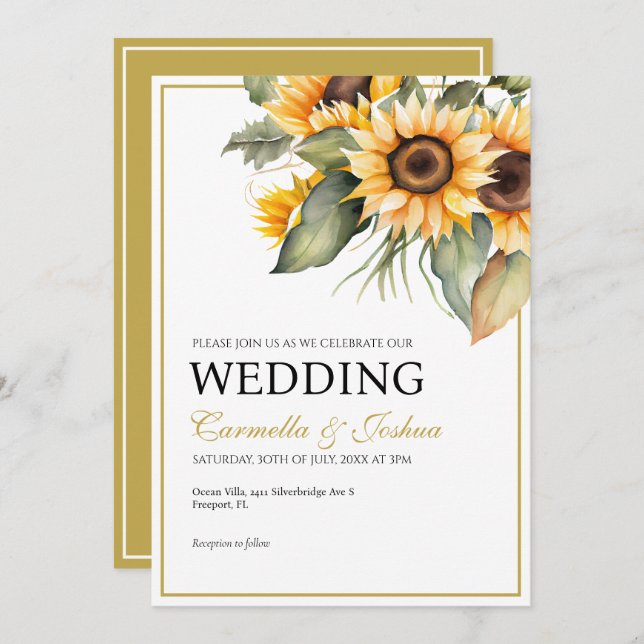 Invitación Clásico Elegante acuarela Sunflower Boho Boda (Anverso / Reverso)