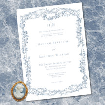 Clásico Elegante Azul Delicado Marco Floral Boda