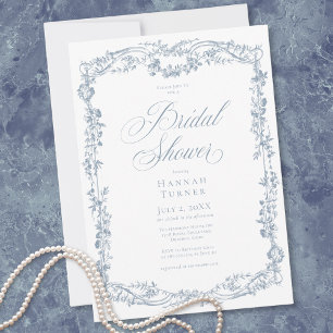 Invitación Clásico Elegante Azul Floral Marco Ducha de Novia