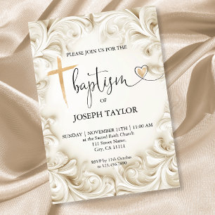 Invitación Clásico Elegante Bautismo Cruz de Oro Christening