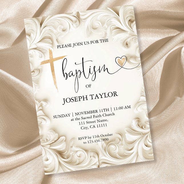 Invitación Clásico Elegante Bautismo Cruz de Oro Christening (elegant ivory frame baptism invitation)