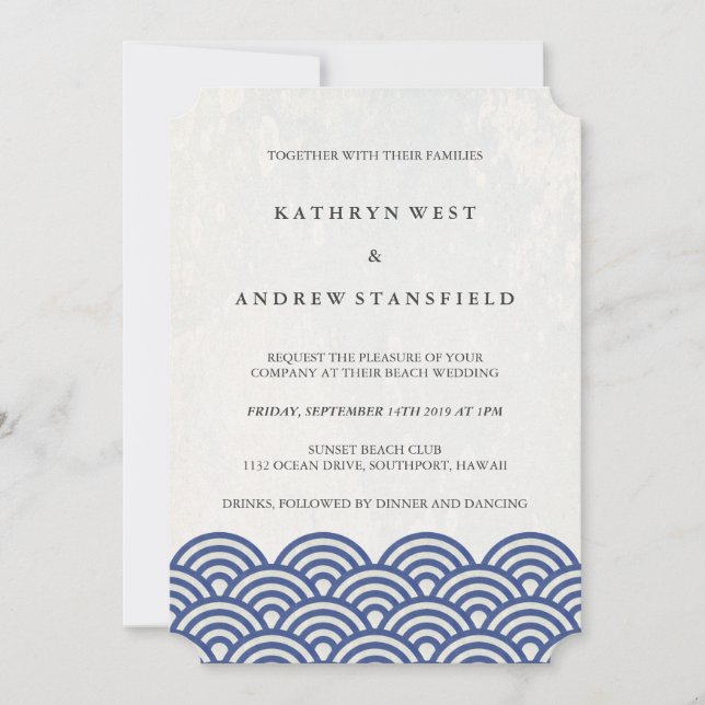 Invitación Clásico Elegante Blue + White Beach Wedding (Anverso)