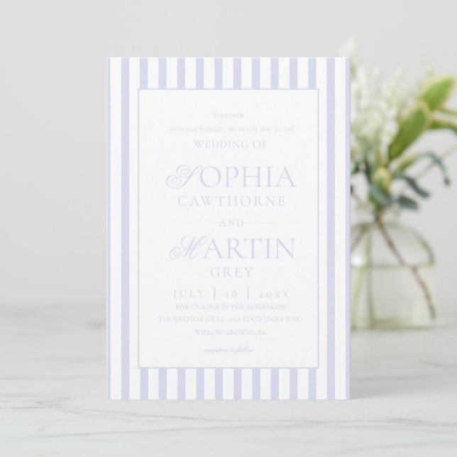 Invitación Clásico elegante boda a rayas azules  (Anverso de pie)