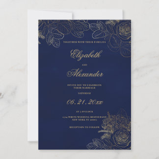 Invitación Clásico elegante boda floral de azul marino y oro