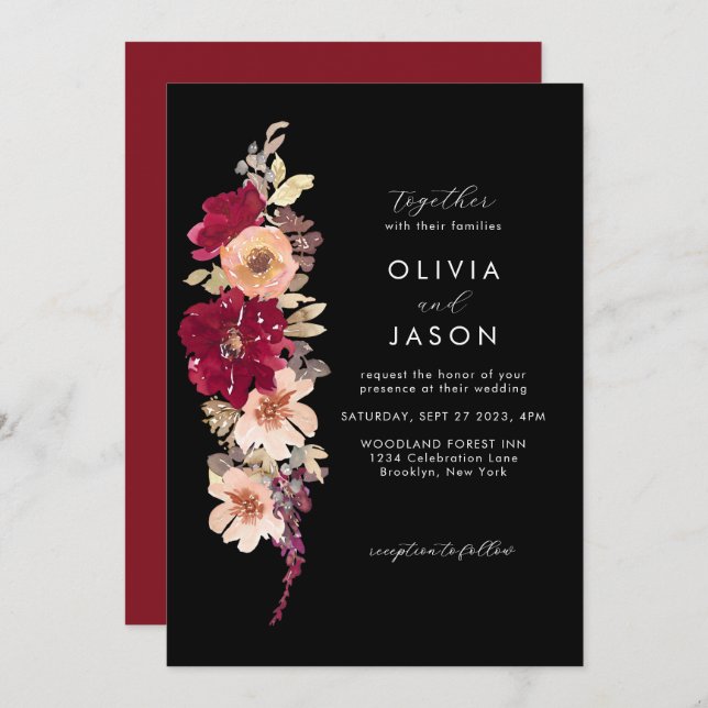 Invitación Clásico elegante Boda floral de ciruelas borgoñas  (Anverso / Reverso)