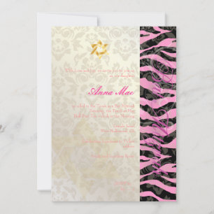 Invitación Clásico + Elegante cebra/Damask Bat Mitzvah