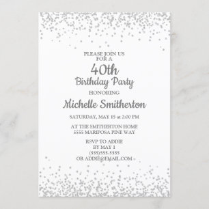 Invitación Clásico Elegante Cumpleaños 40 Blanco Brillo Plate