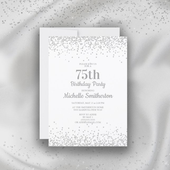 Invitación Clásico Elegante Cumpleaños 75 Blanco Glitter Plat (Subido por el creador)