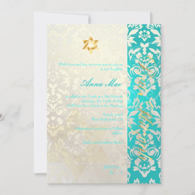Invitación Clásico + Elegante Damask Bat Mitzvah/Aquamarine (Anverso)
