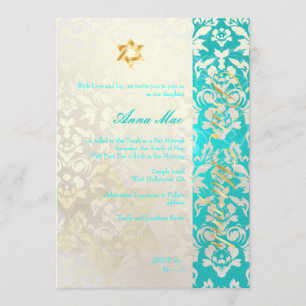 Invitación Clásico + Elegante Damask Bat Mitzvah/Aquamarine