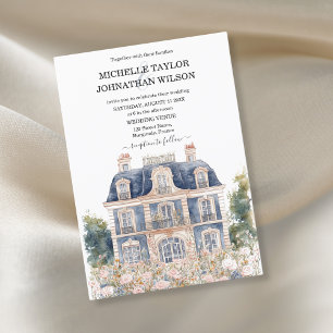 Invitación Clásico Elegante Floral de mansión azul francesa