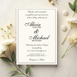 Invitación Clásico elegante guión negro y marfil boda
