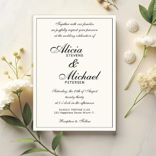 Invitación Clásico elegante guión negro y marfil boda