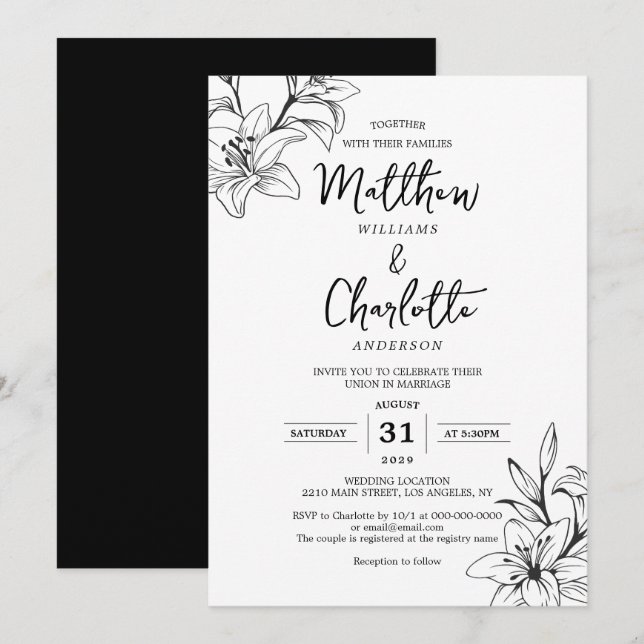 Invitación Clásico Elegante Lily Flores Boda Blanco y Negro (Anverso / Reverso)