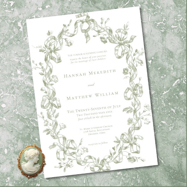 Invitación Clásico Elegante Marco de Bodas de Cinta Ovalada d (Classic Elegant Sage Oval Ribbon Frame Wedding Invitation)