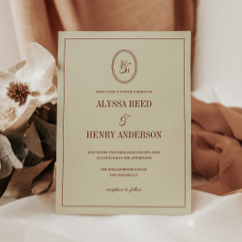 Invitación Clásico Elegante Marfil y Rojo Vino Monograma Boda
