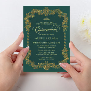 Invitación Clásico elegante Oro Verde Tiara Quinceanera