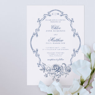 Invitación Clásico Elegante Polvoriento Marco Floral Azul Bod