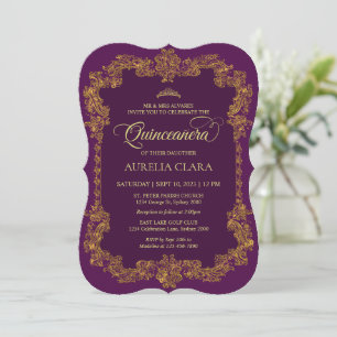 Invitación Clásico elegante Purple Gold Tiara Quinceanera