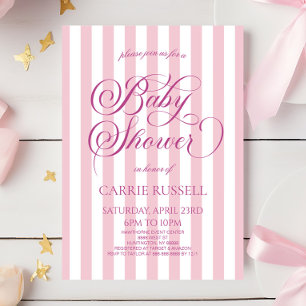 Invitación Clásico Elegante Rayas Rosadas Fiesta de Bebé Niña