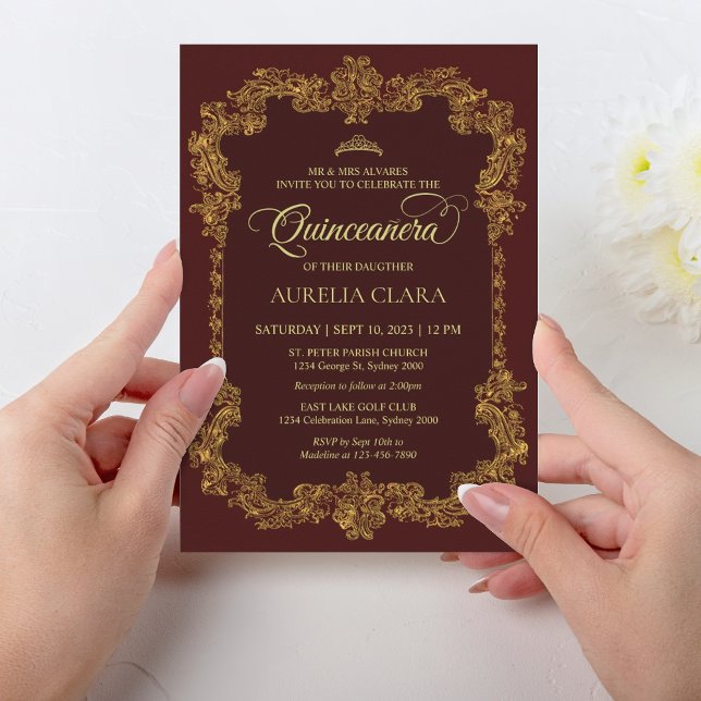 Invitación Clásico elegante Red Gold Tiara Quinceanera (Subido por el creador)