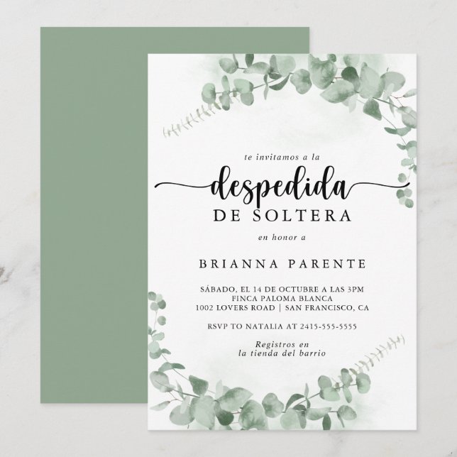 Invitación Clásico Eucalipto Verde Ducha de Novias Española (Anverso / Reverso)