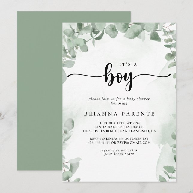 Invitación Clásico eucalipto verde es un niño Baby Shower (Anverso / Reverso)