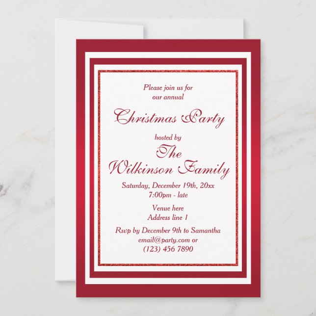 Invitación Clásico Fiesta de Navidades rojos y blancos de Rub (Anverso)