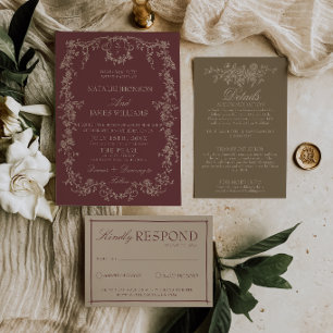 Invitación Clásico floral borgoña tacones de dinero antiguo b
