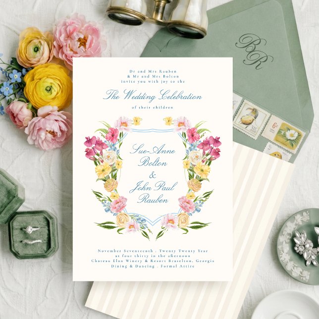 Invitación clásico floral botánico francés cresta boda (Subido por el creador)