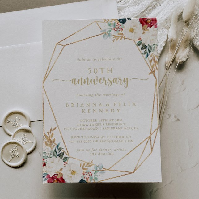 Invitación Clásico Floral Dorado Aniversario de Bodas de 50 a (Subido por el creador)