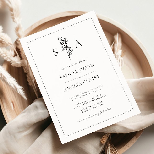 Invitación Clásico Floral Negro Y Blanco Moderno Boda (Subido por el creador)